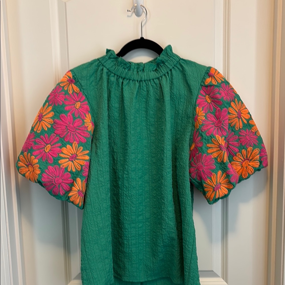 THML Green and Pink Puff Sleeve Blouse with Mandarin Collar
